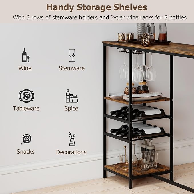 COSTWAY 48" Long Bar Table, Bar Height Dining Table with Storage Shelves, Wine Racks & Stemware Holders, Industrial Breakfast Table for Kitchen Living Room Behind Couch, Rustic Brown