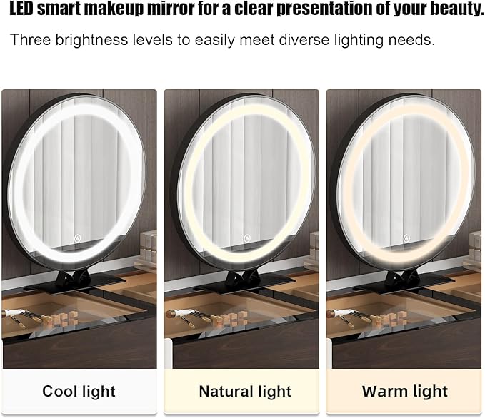 Makeup Vanity Desk with HD Lighted Mirror, 47-Inch Modern Vanity Desk with Mirror and Lights, Featuring 2 Drawers, Lacquer Finish, and Tempered Glass Top for Bedroom (2)