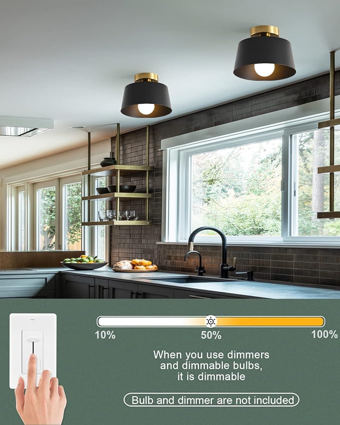 Ceiling Light Fixture, Hallway Ceiling Light with Gold Plate and Matte Black Shade, Modern Simple Style Porch Light Fixtures Semi Flush Mount (3 Pack Black)