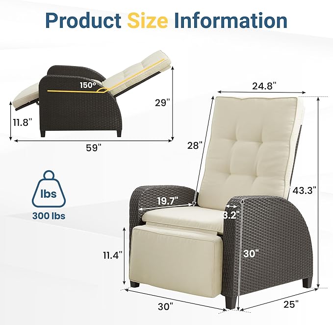 Green4ever Outdoor Patio Recliner with Independently Adjustable Backrest and Footrest, All-Weather Wicker Patio Chair, 160° Lay Flat Patio Reclining Lounge Chair for Backyard Garden, Beige