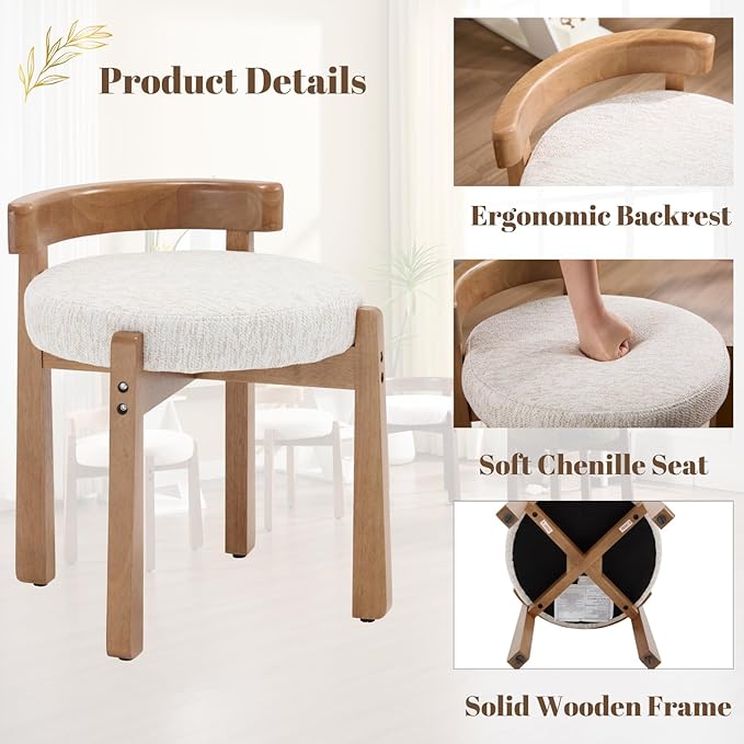 Modern Vanity Chair Upholstered Small Ottoman Footstool, Make Up Stool Chenille Fabric with Backrest Wooden Frame for Living Room Bedrooms, 1PC, Beige