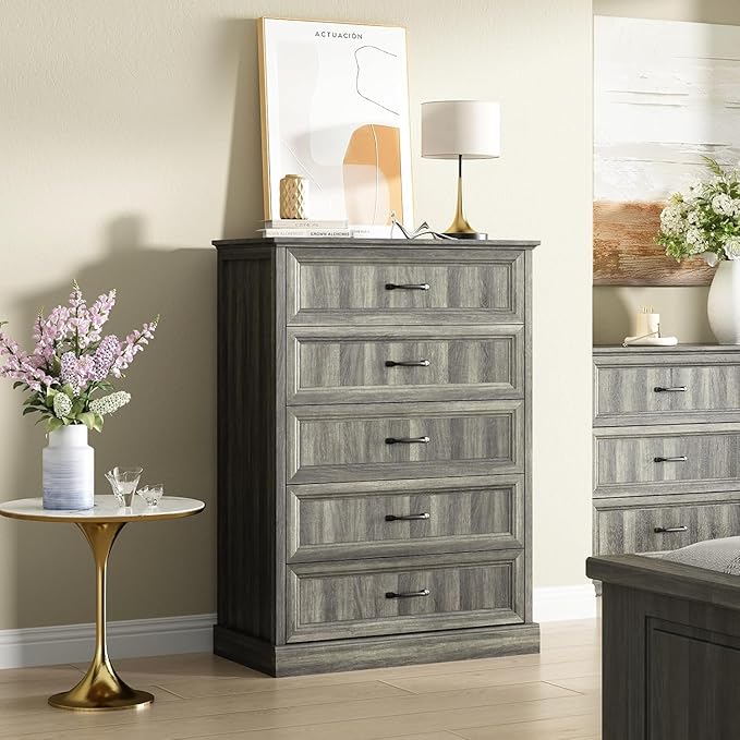 CARPETNAL Farmhouse Dresser and Nightstand Sets for Bedroom, 4 Pcs Bedroom Set, 5 Drawer & 9 Drawer Dresser and Nightstand Set of 2, Wood Chest of Drawers for Living Room, Entryway, Grey