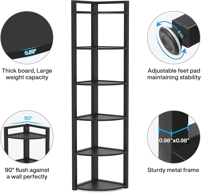 Tribesigns 6 Tier Corner Shelf, 70.9 Inch Tall Corner Bookshelf Small Bookcase Modern Corner Shelving Unit Storage Rack for Living Room, Home Office, Kitchen, Small Space (Black)
