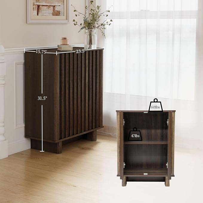 Sideboard Buffet Cabinet with Storage, Walnut Freestanding Floor Cabinet Farmhouse Sideboard with 2 Fluted Doors Wooden Hallway Cabinet Media Console Table Credenza for Living Room Dining Room, 3PCS