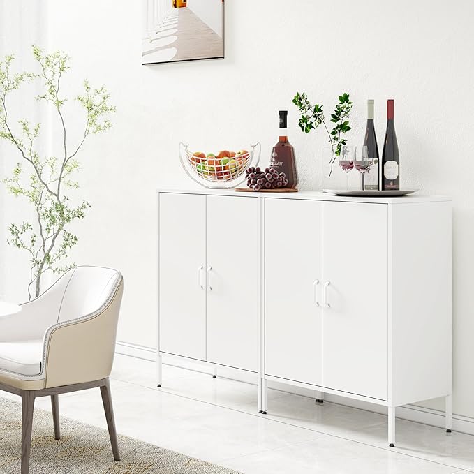 Metal Locker Cabinet with 2 Doors, White Metal Accent Cabinets for Home Office, 40" Counter Height Storage Lockers Sideboard for Home Office Kitchen Living Room Hallway Entryway