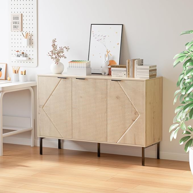 Large Buffet Sideboard Cabinet,45.98" Long Credenza Storage Cabinet,Mid Century Modern Kitchen Pantry Storage Cupboard Cabinets with 3 Doors and Shelves,Fluted Entryway Cabinets for Dining Room