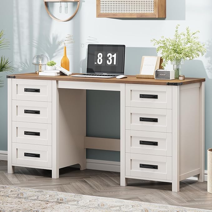 Vabches Farmhouse 60.6” Executive Desk with 7 Drawers, Computer Desk with File Drawer for Hanging Files A4, Workstation for Home Office, Study.