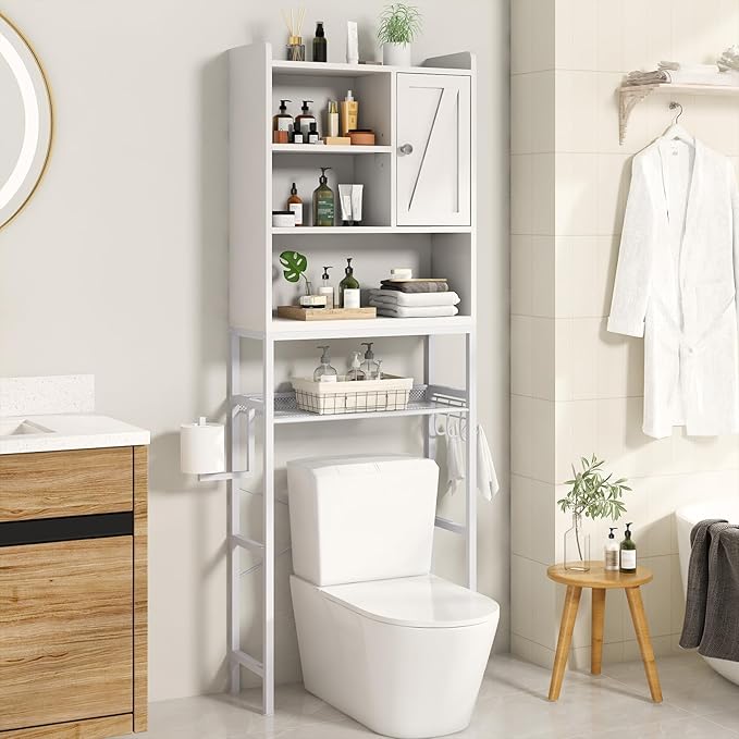 AWQM Over The Toilet Storage Cabinet, Bathroom Cabinet Organizer with Adjustable Shelf, Freestanding Space Saver Toilet Stands with Door, Paper Hook, Multifunctional Bathroom Toilet Rack, White
