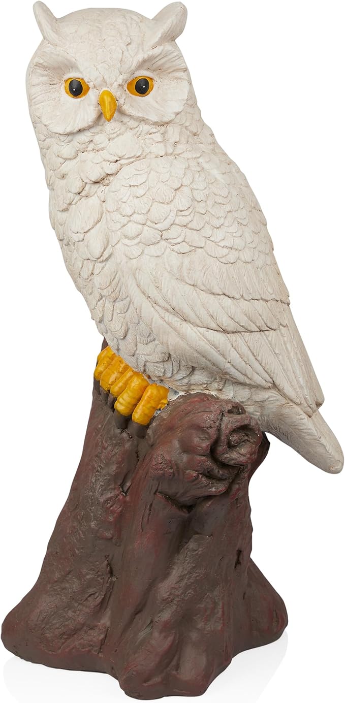 Alpine Corporation JUM584 Indoor Outdoor Life Like Owl on Tree Trunk Garden Static, Rustic Owl Statue for Yard, 28" Tall, White