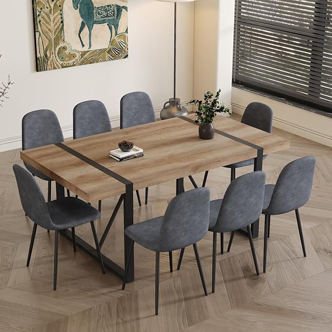 Dining Table Set for 8，9 Piece Dining Table Set，71'' Kitchen Table and Suede Nap Fabic Chairs Set of 8，for Kitchen Dining Room