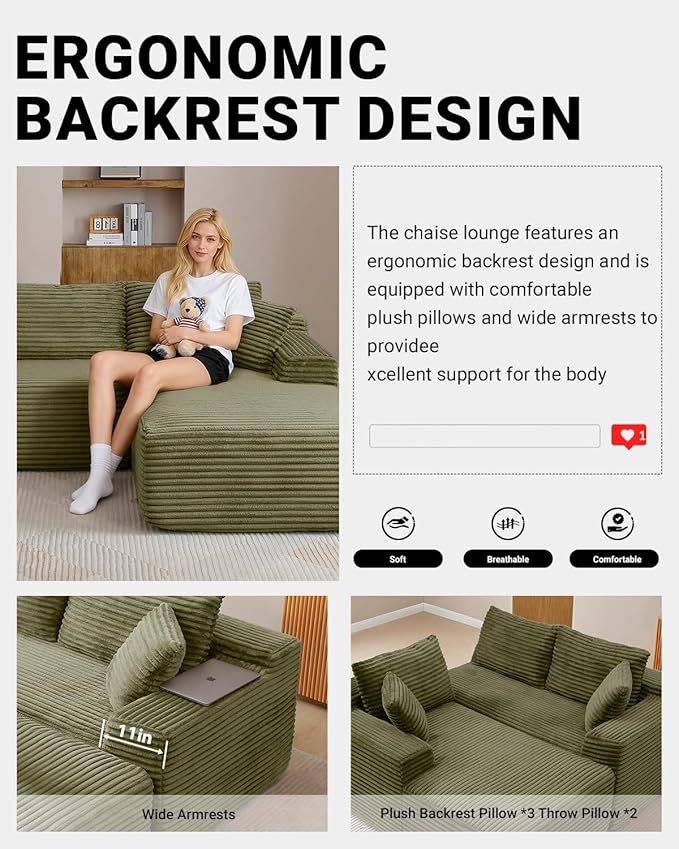 95 Inch Cloud Sectional Couch,Modular Sectional Sofa with Deep Seat,Modern Corduroy Boneless Couches with L-Shape Chaise for Living Room Bedroom,No Assembly Required (Green, Right Facing Chaise)