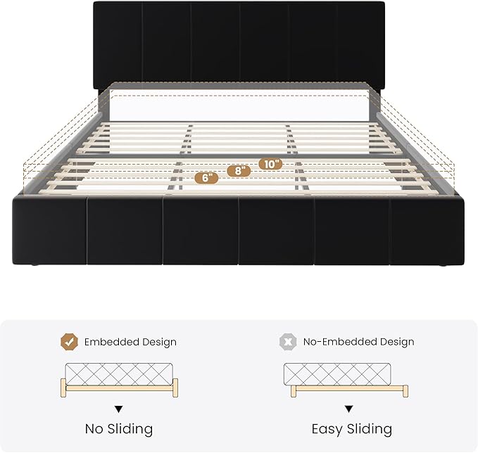 SHA CERLIN King Size Bed Frame, Velvet Upholstered Platform Bed, Vertical Channel Tufted Adjustable Headboard, Low Profile Bed Frame, No Box Spring Needed, Easy Assembly, Black