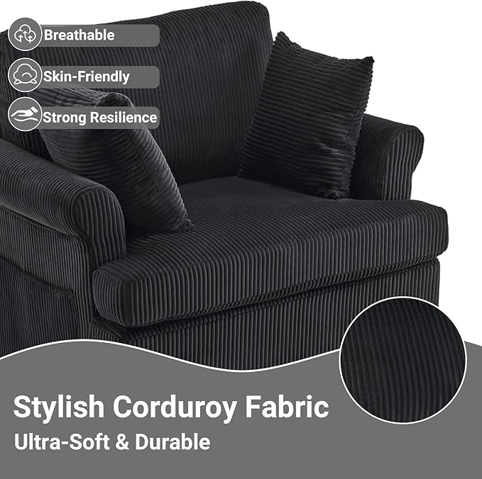 Karl home 39" Swivel Accent Chair,Oversized Seat Armchair W/2 Pillows and 4 Pockets,Modern Upholstered Corduroy Barrel Chairs,Comfy Single Sofa for Living Room,Reading,Bedroom and Office -Black
