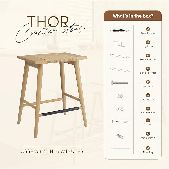 Thor Wicker Premium Solid Wood Counter Stool 24", Set of 2, Backless Counter Height Stool with Hand-Knitted Rope, Eco-Friendly Modern Design (Light Oak)