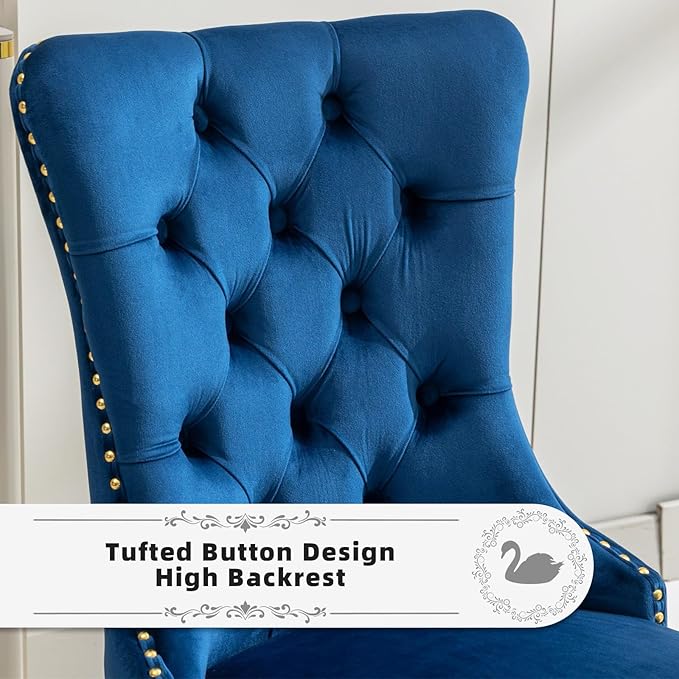 Velvet Upholstered Dining Chairs Set of 2, Modern Style Kitchen Side Chairs with Nailhead Trim and Gold Plated Leg, Metal Pulling Ring for Dining Room Living Room（Blue-Gold Plated Leg）