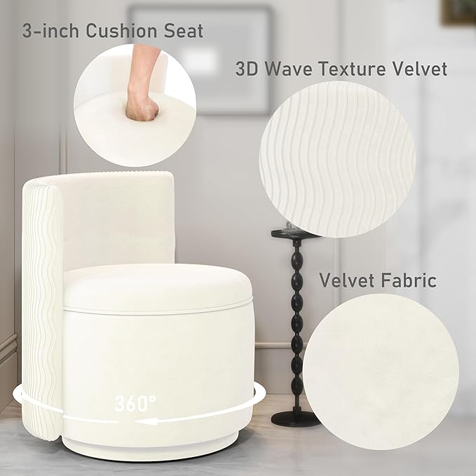 360° Swivel Accent Chair with Storage, Vanity Stool with Back, Velvet Storage Ottoman, Upholstered Round Barrel Vanity Chair for Living Room, Makeup Room, Bedroom (White High-Back)