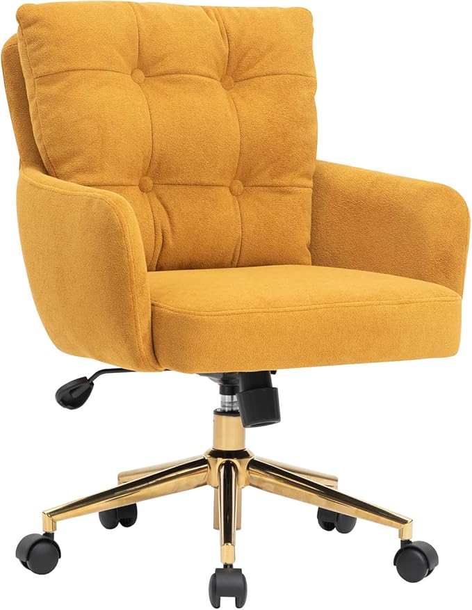 Velvet Office Chair, Comfy Home Office Desk Chairs with Lumbar Support, Modern Velvet Desk Chair Gold Legs Small Swivel Task Chair for Home Office, Bedroom, Study (Yellow, XL)