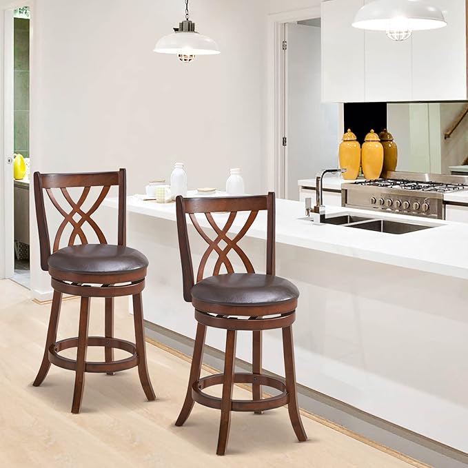 COSTWAY Bar Stools Set of 2, 360° Swivel Chairs with Rubber Wood Frame, 26 Inches PU Leather Cushioned Seat and Footrests, for Kitchen Island, Dining Room, Bar (Brown-26 inches, 2 stools)