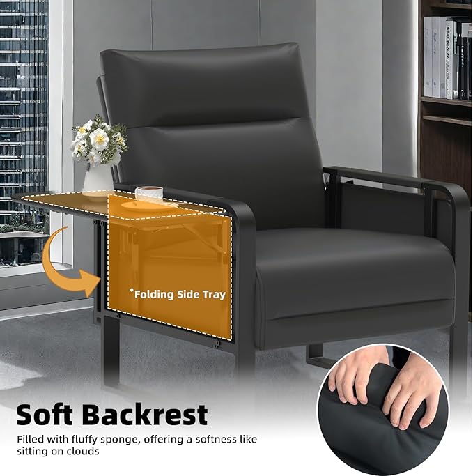 Faux Leather Accent Chair Set of 2, Upholstered Armchair with Side Tray & Pocket, Comfy Reading Chair for Living Room, Bedroom, Guest Room, Black