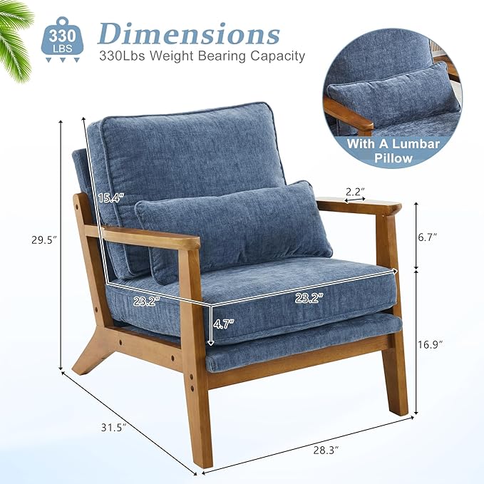 VINGLI Solid Wood Wide Armrests Accent Chair Set of 2,Upholstered Mid Century Modern Chair with Pillow,Comfy Reading Chair Farmhouse,Chairs Living Room,Bedroom,Guest Room,Chenille Fabric,Dark Blue