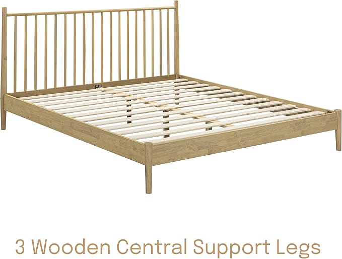 NTC Inno Wooden Bed Frame with Headboard, Solid Oak and Rubber Wood Foundation with Silent Slats and Wood Central Supports, 1000 Lb Capacity, Effortless Assembly, King - Sand