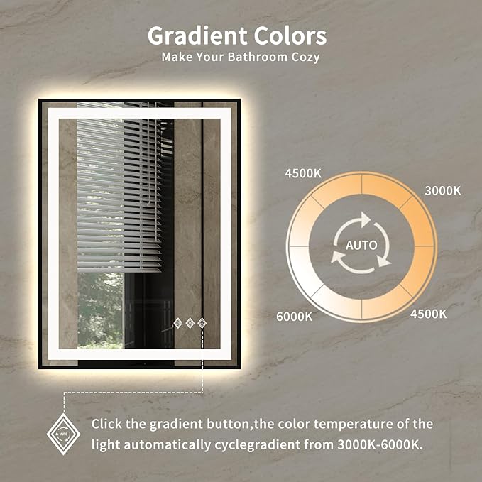 LED Bathroom Mirror, 24x32 Inch Black Framed Gradient Front and Backlit LED Mirror for Bathroom, 3 Colors Dimmable CRI>90, Enhanced Anti-Fog Wall Mounted Lighted Vanity Mirror