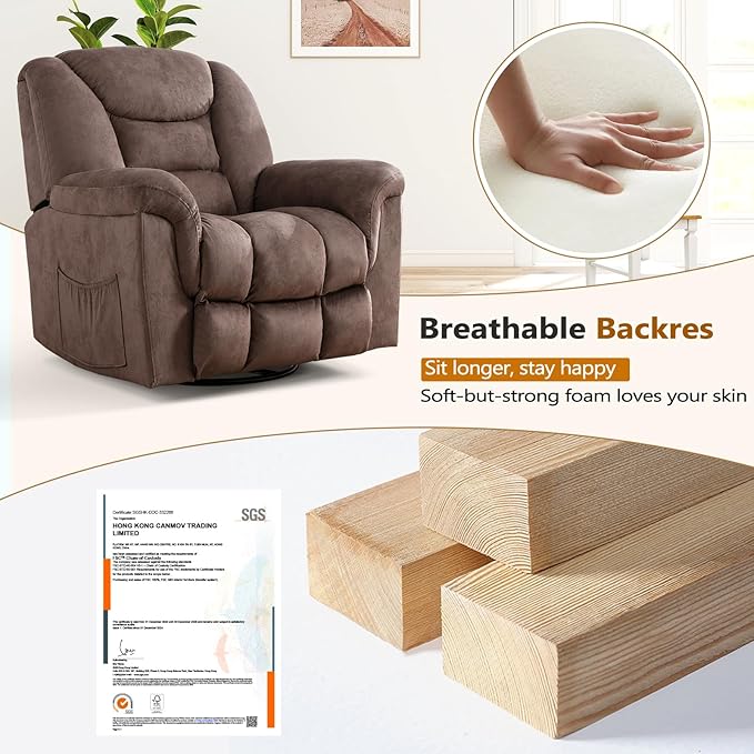 ANJ Rocker Recliner Chair Oversized Manual 360° Swivel Recliners Comfy Glider Rocking Chairs for Big Man Extra Wide Overstuffed Reclining Chair for Living Room, Camel