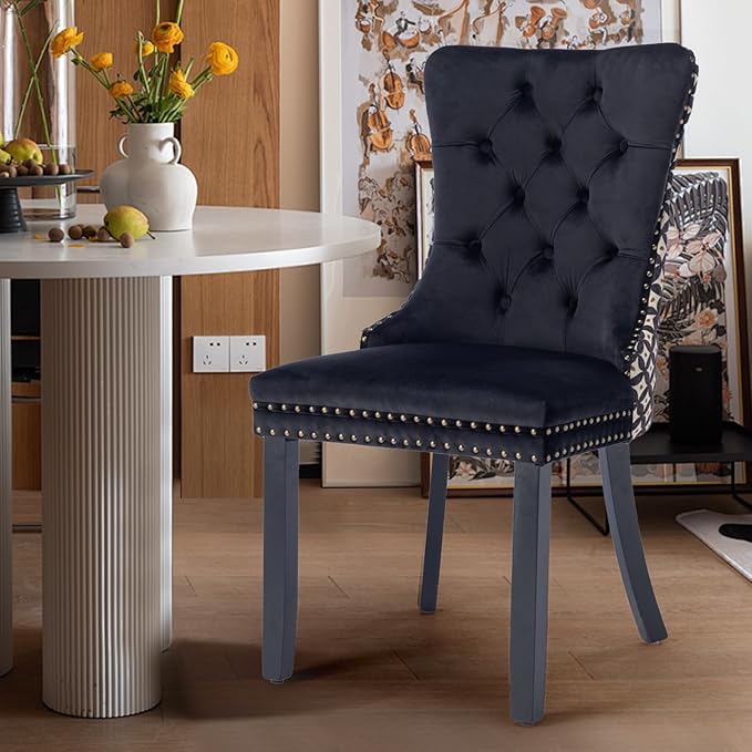 Velvet Upholstered Dining Chairs Set of 6, Modern Style Kitchen Side Chairs with Nailhead Trim and Wood Legs,Metal Pulling Ring for Dining Room Living Room(Quadrangular Star&Black)