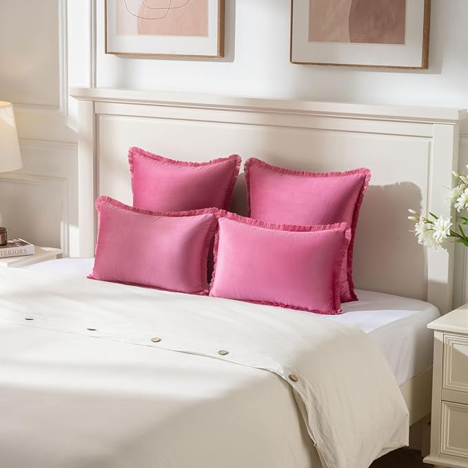 FUTEI Hot Pink Velvet Decorative Throw Pillow Covers 16x16 Set of 2,Soft Cozy Edge with Tassels Cushion Case,Boho Modern Home Decor for Couch Bed Living Room