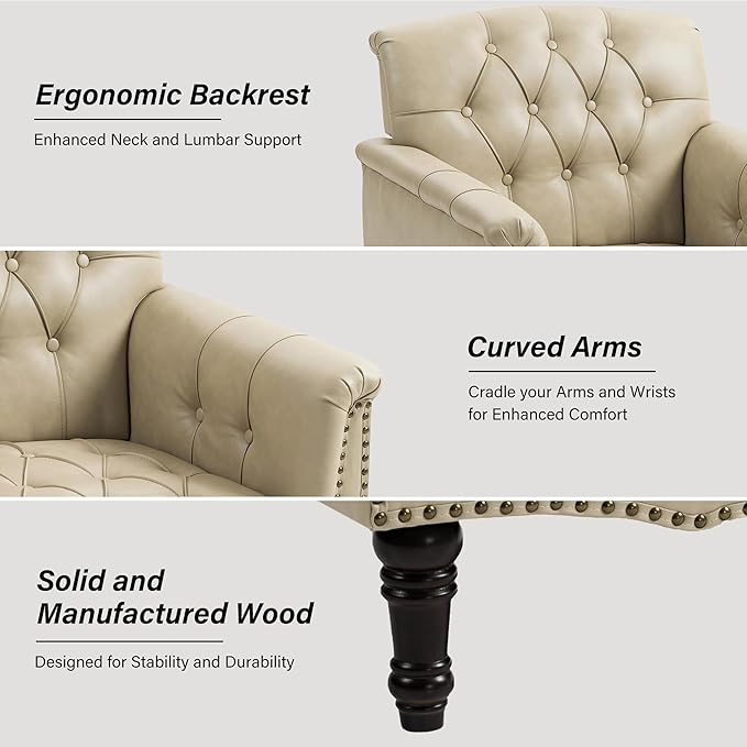 Faux Leather Accent Chair, PU Leather Modern Comfy Upholstered Armchair with Wood Legs & Nailhead Trim for Living Room, Bedroom (Beige,Set of 2)
