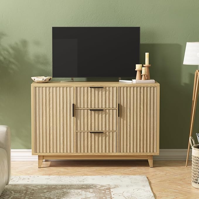 47.2" W Storage Cabinet with 3 Drawers, Fluted Buffet Cabinet with Storage, Large Sideboard Cabinet with 2 Door, Modern Mid Century TV Stand Coffee Bar Cabinet for Living Room, Kitchen, Entryway