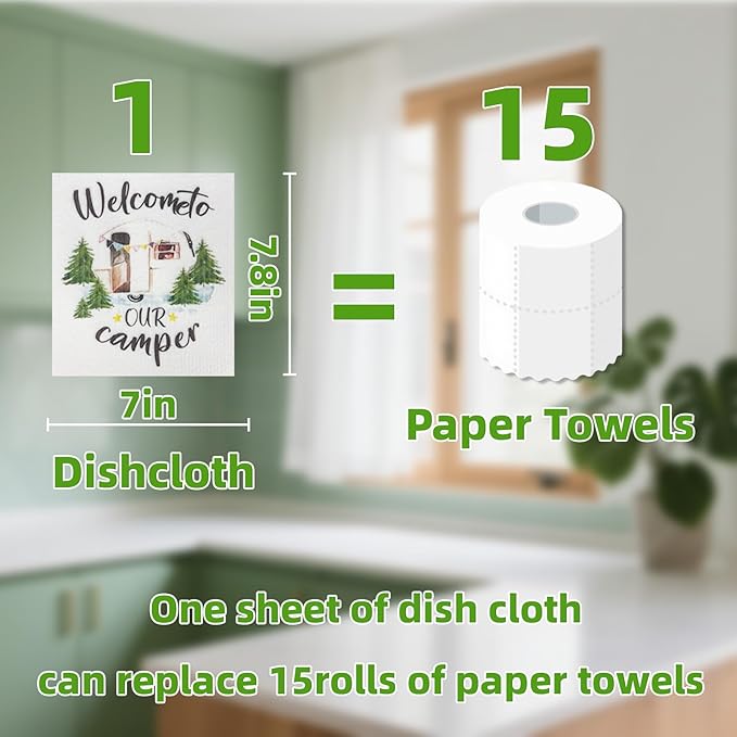 6 Pack Swedish Dishcloths – Super Absorbent, Reusable & Eco-Friendly Kitchen Towels (Fruit/Lavender/Camping/Solid Colors) (Camping Party)