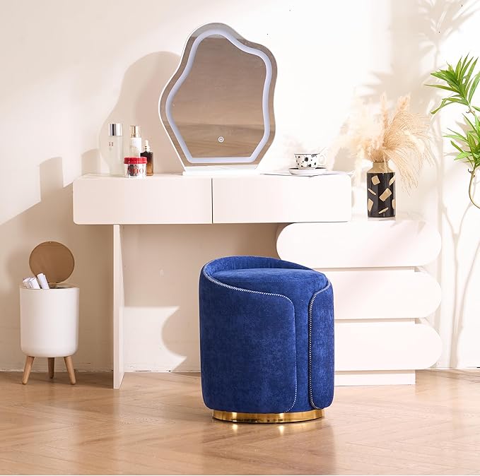 Swivel Vanity Stool with Back Comfy Vanity Chair with Gold Base Modern Round Stool for Makeup Vanity Ottoman Foot Rest for Bedroom livingroom (Navy)
