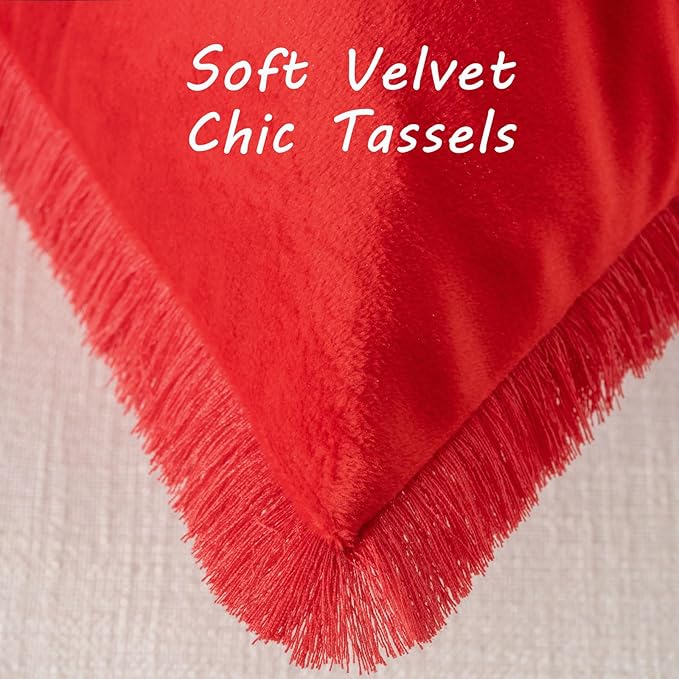 FUTEI Christmas Red Velvet Decorative Throw Pillow Covers 12x20 Set of 2,Soft Cozy Edge with Tassels Lumbar Pillow Cases,Boho Modern Home Decor for Couch Bed Living Room