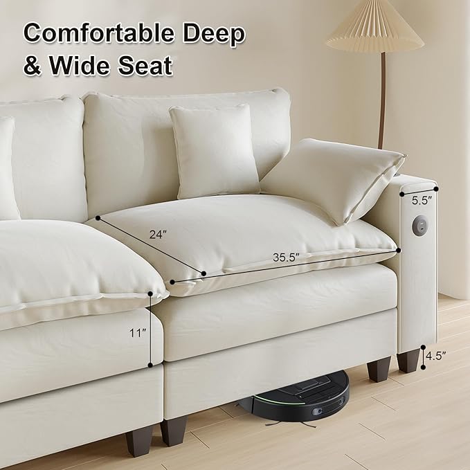 Cloud Couch, Modular Sectional Sofa with Ottoman, Charging Station, Throw Pillows, Cup Holders, Modern Convertible L Shaped Couches for Living Room, Bedroom (White, 152"- U Shape)
