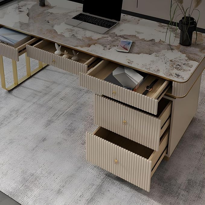 RUNNUP Stone top Computer Desk with 5 Drawers, Rectangular Home Computer Desk Writing Desk, Modern Executive Desk, Without Chairs, Khaki, 47.5" L x 23.5" W x 29.5" H