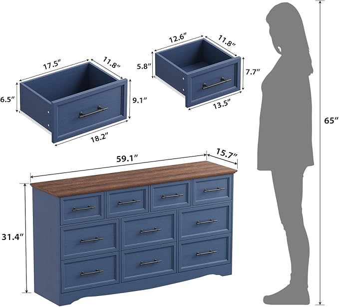 Blue Farmhouse Dresser for Bedroom, 10 Chest of Drawers, 59" Wide Chest of Drawers with Brushed Metal Handle, Wood Closet Organizers and Storage Cabinet for Bedroom, Living Room, Hallway