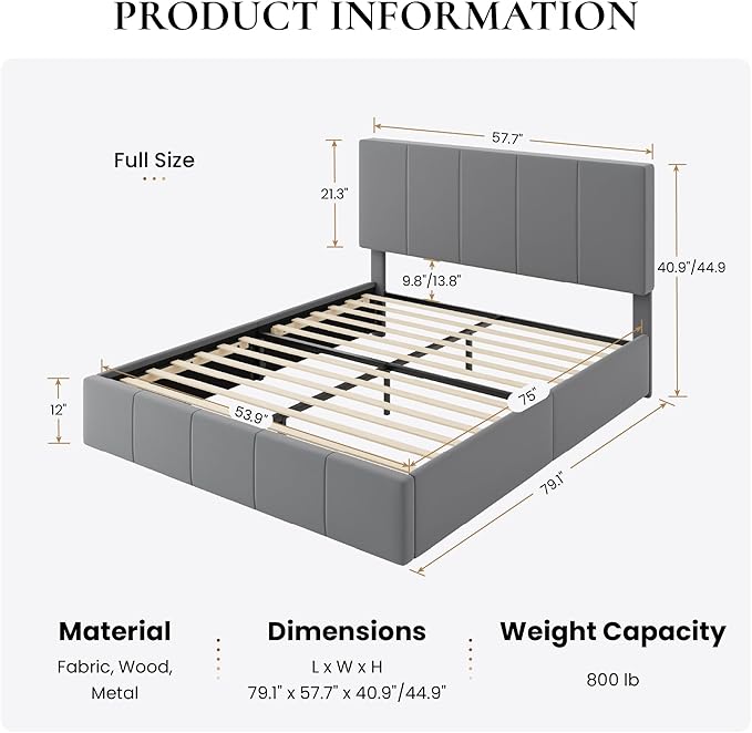 SHA CERLIN Full Size Bed Frame, Velvet Upholstered Platform Bed, Vertical Channel Tufted Adjustable Headboard, Low Profile Bed Frame, No Box Spring Needed, Easy Assembly, Grey