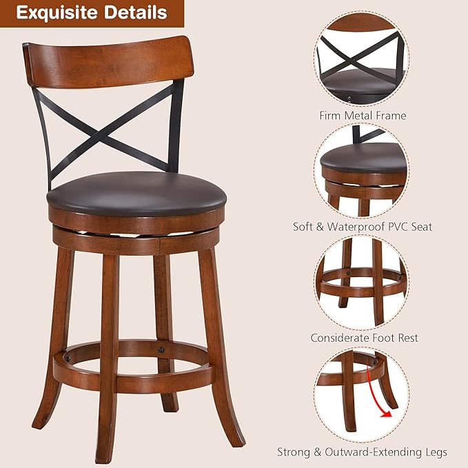 COSTWAY Bar Stool Set of 4, 360-Degree Swivel Solid Wood Stools with Soft Cushion & Backrest, 25”Height Kitchen Counter Bar Stools for Kitchen Island, Pub, and Restaurant (4, 25 inch)