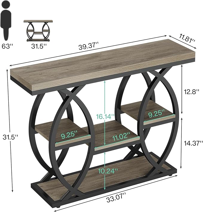 Tribesigns 39.4" Console Table, Industrial 4-Tier Sofa Table Entryway Table with Storage Shelves, Narrow Wood Accent Tables with Metal Frame for Small Spaces, Hallway, Foyer, Grey