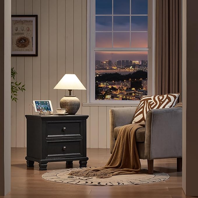Farmhouse Bedroom Dresser and Nightstand Set of 4, 6 Drawer Low & 5 Drawers Dresser & 2 Drawer Nightstand Set, Rustic Wood Bedroom Furniture Set for Livingroom, Hallway, Black