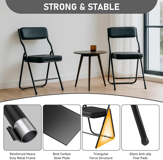 6 Pack Padded Folding Chairs with Cushion, Foldable Dining Chair Set Portable Indoor Outdoor Stackable Folding Chairs with Steel Frame for Home Office Events Wedding Party Black