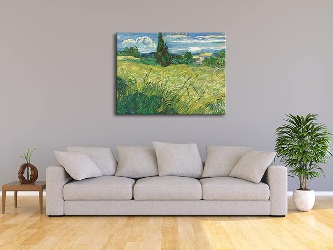 Wieco Art Abstract Large Canvas Wall Art Prints Green Field 1889 by Van Gogh Famous Oil Paintings Reproduction Artwork Stretched Landscape Picture for Home Decor Office Decoration