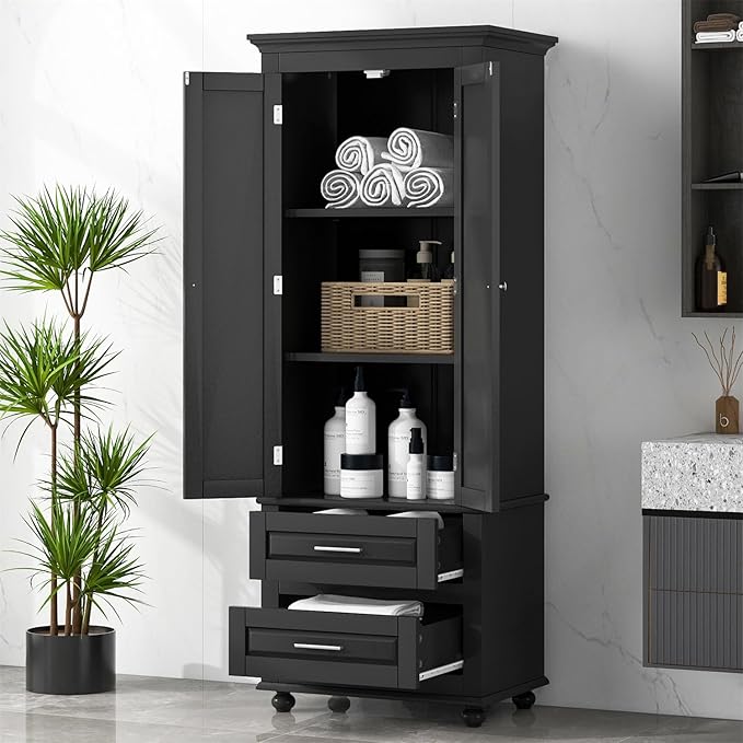 Polibi Tall Storage Cabinet with 2 Drawers, 3-Tier Adjustable Shelves & 2 Doors, Floor Freestanding Cabinet for Bathroom, Living Room, Black