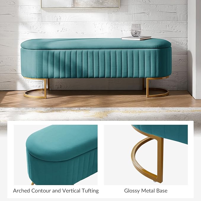 EcoHarbor Living 50.5" Storage Bench Hallway Ottoman,Upholstered End of Bed Bench Velvet with Gold Legs,Flipping Lid Entryway Footrest