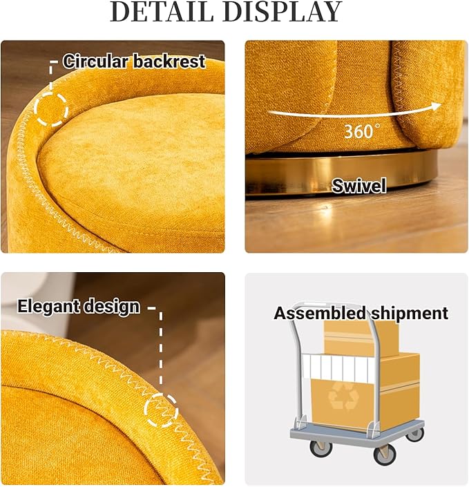 Swivel Vanity Stool with Gold Base Comfy Vanity Chair Modern Round Stool for Makeup Vanity Ottoman Foot Rest for Bedroom livingroom (Yellow)
