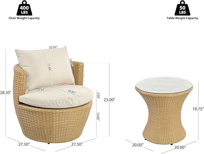 Christopher Knight Home Dessa Patio Conversation Set, Wicker Rattan Club Chairs, Wicker End Table, Accent Chair with Cushions, Mirror Table Top, Conversation Set for Backyard Poolside, Light Brown