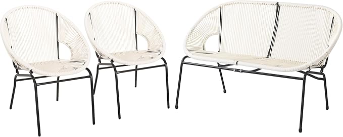 Christopher Knight Home Dessa 3 Piece Patio Furniture Set, Patio Wicker Accent Chair Set of 2 and Loveseat, Metal Frame 4 Seater Outdoor Papasan Lounge Chair Set, PE Rattan Outdoor Bistro Set, White