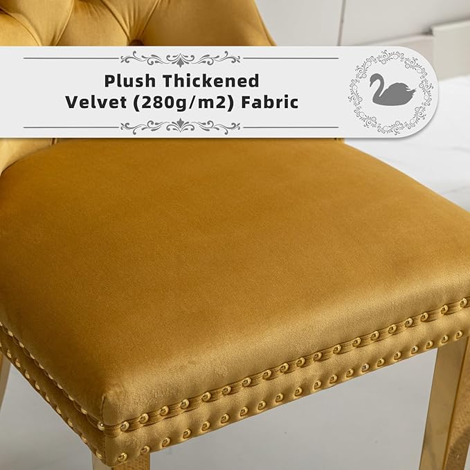 Velvet Upholstered Dining Chairs Set of 4, Modern Style Kitchen Side Chairs with Nailhead Trim and Gold Plated Leg, Metal Pulling Ring for Dining Room Living Room(Gold-Gold Plated Leg)