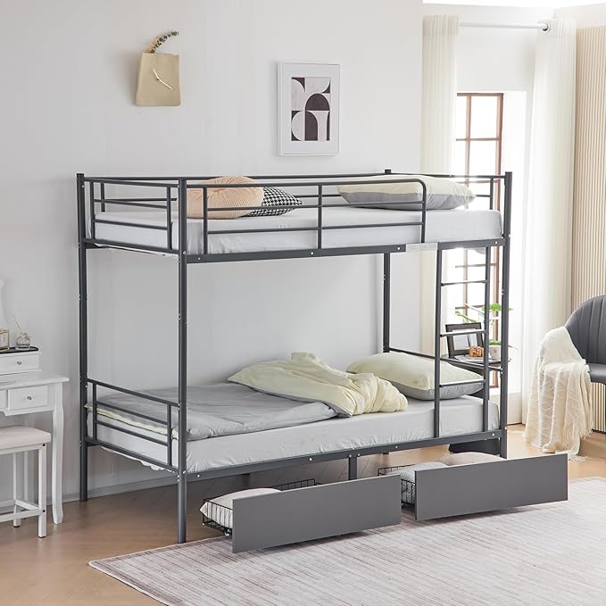 Karl home Grey Bunk Bed Twin Over Twin with 2 Storage Drawers, Metal Bunk Bed with Built-in Ladder and Safety Guardrail, Space-Saving Twin Bunk Beds for Kids, Teens & Adults, No Box Spring Needed
